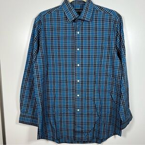 Bergamo New York Button Up Shirt Mens Size Medium Cotton Blend Plaid Blue Black